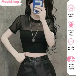 Áo croptop nữ ngắn tay cổ tròn phối lưới ôm body Meei Shop, Áo kiểu lưới chất borip ôm body phong cách cá tính sexy A417