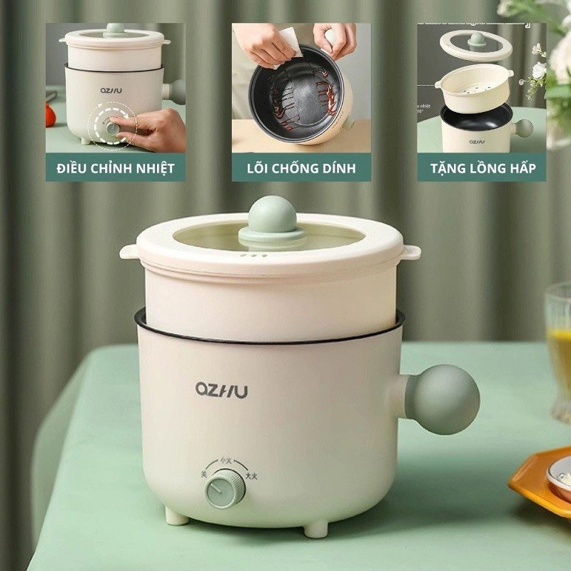 Nồi lẩu mini đa năng - Ca nấu mì có tay cầm kèm xửng hấp Inox cao cấp tiện dụng