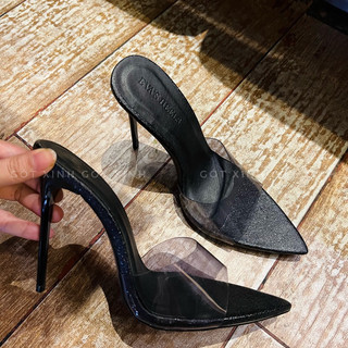dép cao gót nữ quoai mica trong màu đen cao 8-12phân mũi nhọn (mica) giày shoes