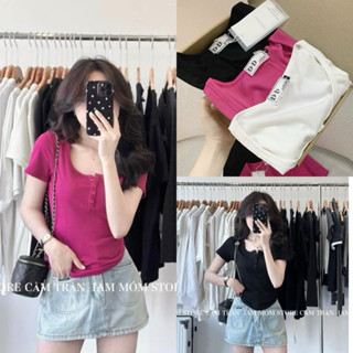 Áo thun tăm màu trơn cổ U form vừa phối cúc ngực kiểu dáng basic