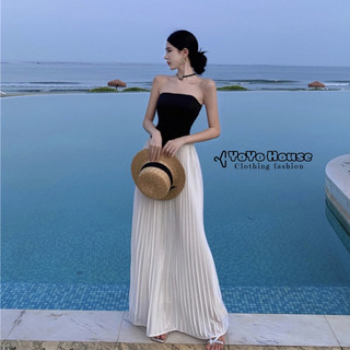 Váy maxi quây đen phối chân váy xếp li liền thướt tha mềm mại diêu sang chảnh, phong cách tiểu thư