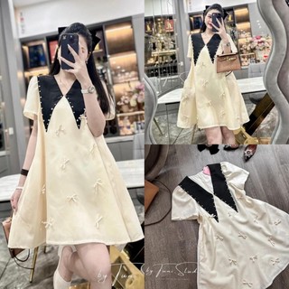 Váy Đầm Nữ Cổ Nhọn Phối Đá Kèm Nơ Size S M - Halinh Shop - Váy Cổ Nhọn Đá Nơ Siêu Hot