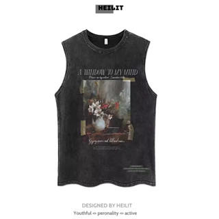 Áo Ba Lỗ Nam Họa Tiết Bông Hoa Nổi Bật HeiLit Tank Top Nam Chất Vải Cotton Dày Dặn Thoải Mái Màu Wash Đen