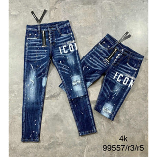 Quần Jean Nam DSQ Màu Xanh Wash Bạc Bản Khóa Lệch In Chữ DSQUARED2 ICON Vảy Sơn Xước Nhẹ