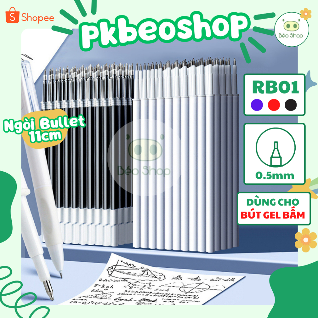 Ruột bút bi gel vỏ trắng ngòi bullet 0,5mm Béo shop dài 11cm mực đen dùng thay vào bút gel bấm lò xo