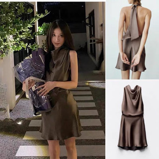 Đầm lụa dáng ngắn màu nâu tím sang chảnh zara xuất