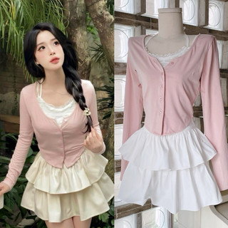 Set 3 món: khoát hồng + crop trắng 2s + cv xoè