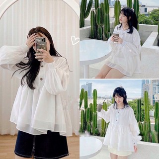 Áo babydoll voan tơ nút gỗ/nhựa xà cừ/đen