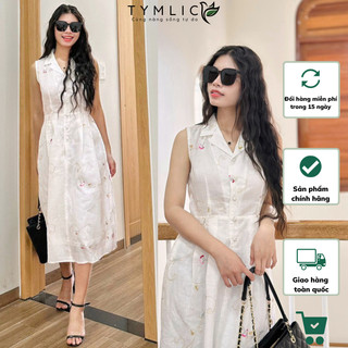 Đầm Sát Nách Kiểu Dáng Midi Cổ Vest Chất Liệu Linen Tưng Màu Trắng D421 TYMLIC