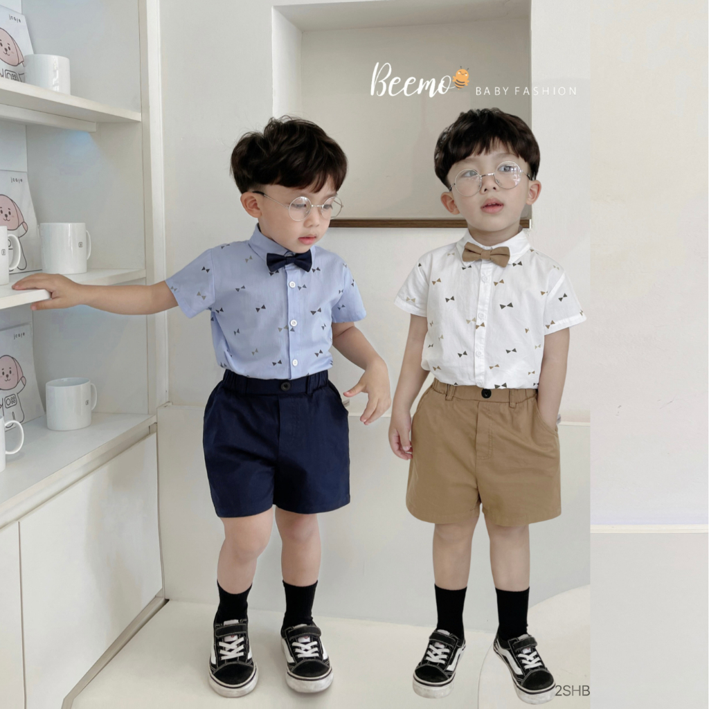 BE137 Bộ áo sơ mi quần đùi BEEMO ,quần áo bé trai phong cách công tử đi chơi, đi tiệc [9-24kg]