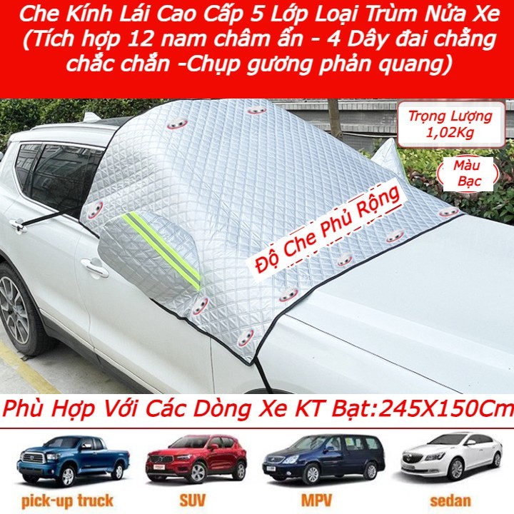 Tấm Bạt Che Nắng Kính Lái Ô Tô 5 Lớp PEVA Có Nam Châm Ẩn + Dây Chằng + Chụp Gương Phản Quang