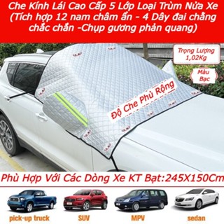 Tấm Bạt Che Nắng Kính Lái Ô Tô 5 Lớp PEVA Có Nam Châm Ẩn + Dây Chằng + Chụp Gương Phản Quang Chống Nóng – Phù Hợp 5-7-9