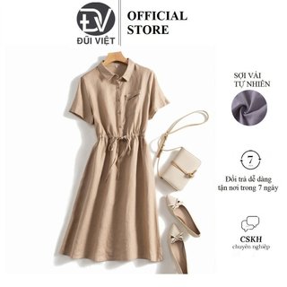 Đầm linen dáng suông rút eo 2 túi chéo