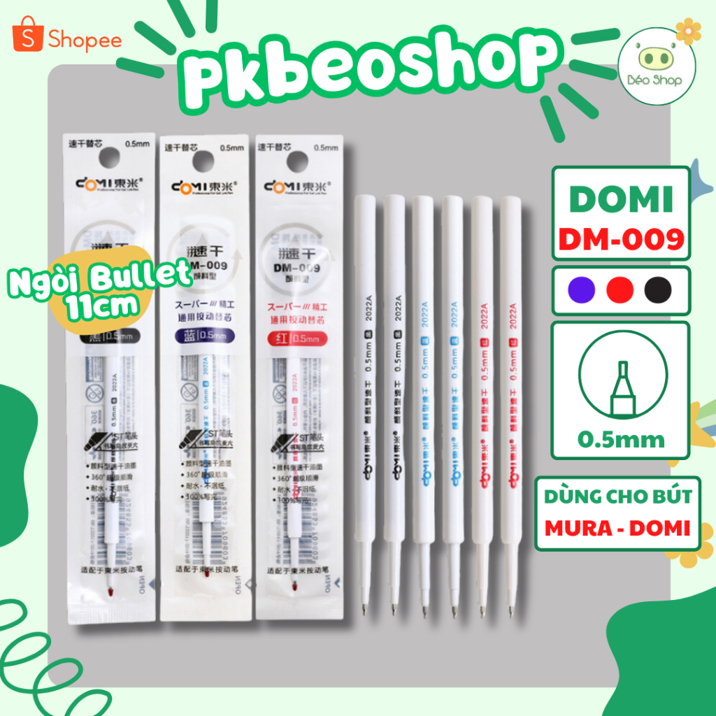 Ngòi bút gel 0.5mm 11cm Pkbeoshop dùng cho bút MURA và DOMI đầu bullet ST mực xanh đỏ đen DM-009