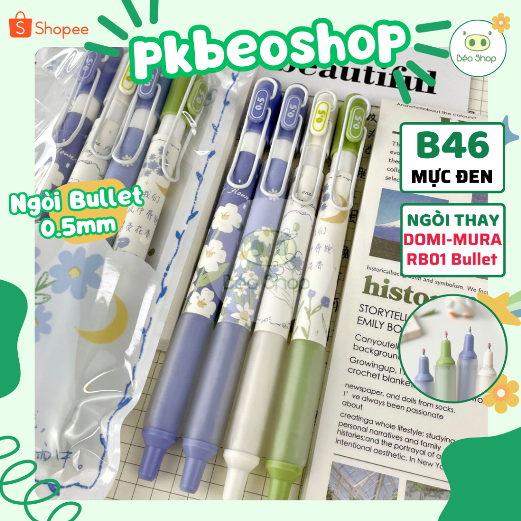 Bút gel bấm Mura ngòi bullet 0.5mm Little Daisy Pkbeoshop họa tiết hoa cúc tím mã M-8172 viết êm nha