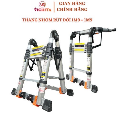 [Phiên Bản Cao Cấp] Thang Nhôm Chữ A Rút Gọn Tiện Lợi Dài 3M8(1M9 + 1M9) - Chính Hãng VICHITA Được b