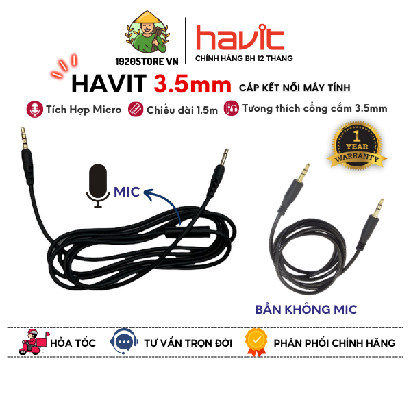 Cáp 3.5mm HAVIT, OneOdio Tích Hợp Micro, 1.5m, Tương Thích Headphone Sử Dụng Cổng 3.5mm - Chính Hãng