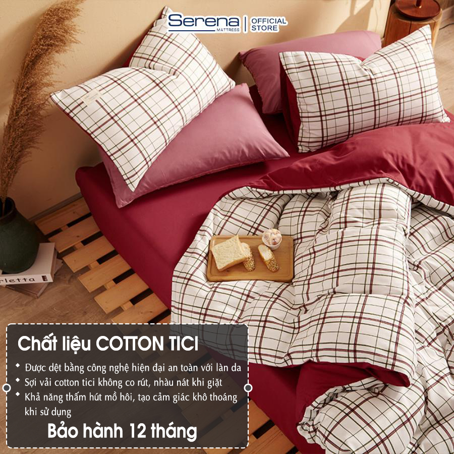 Ra Nệm Trải Giường 5 Món Caro Cotton Tici SERENA Chính Hãng Set Vỏ Chăn Ga Grap Gối Nệm Đệm Trần Bông Phủ Giường Cao Cấp