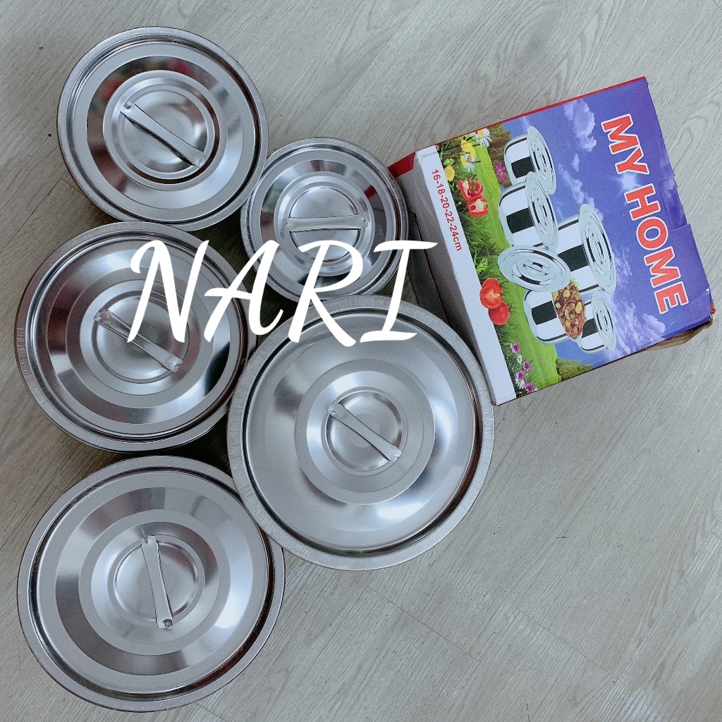 Bộ 5 thau inox có nắp size Đại - bộ thau inox 5 món bao gồm nắp dành cho nhà bếp - gia dụng Nari