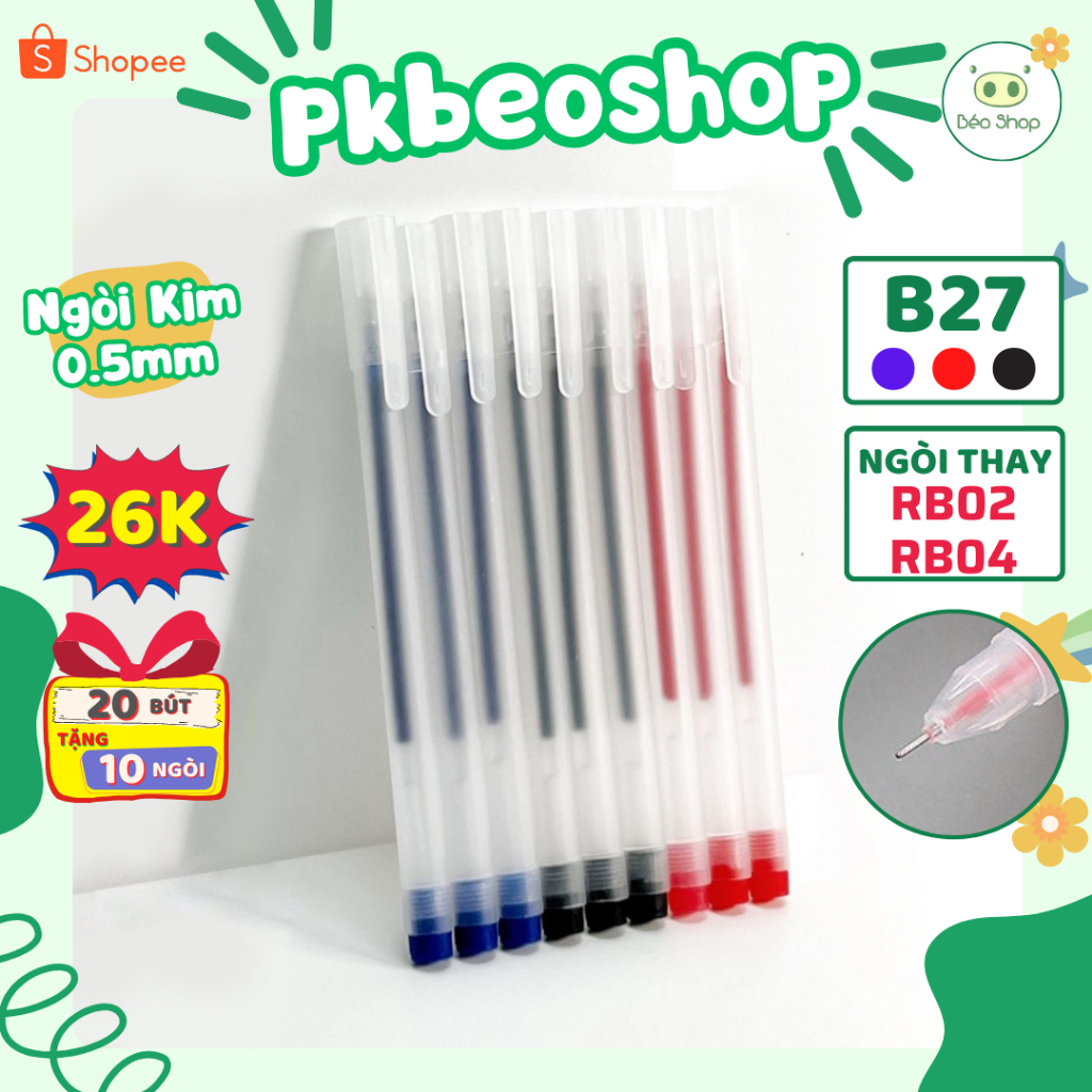 Combo 20 bút bi gel ngòi kim 0.5mm Pkbeoshop bút bi nước mực gel màu xanh đỏ đen nắp cài ngòi 13cm B27