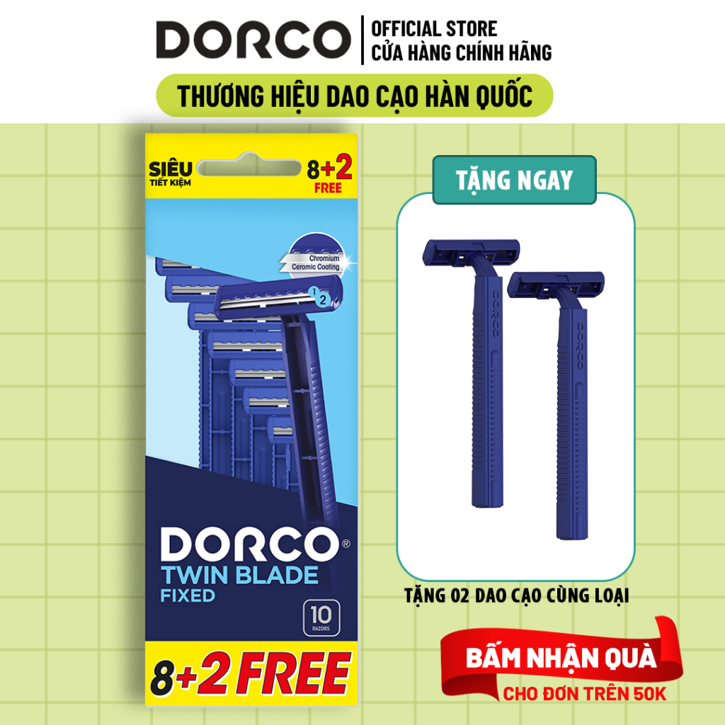 Gói 10 Tặng 02 Dao Cạo Râu 2 Lưỡi DORCO TWIN BLADE FIXED Gói 10 Dao Cạo + Tặng 2 Dao Cạo Cùng Loại