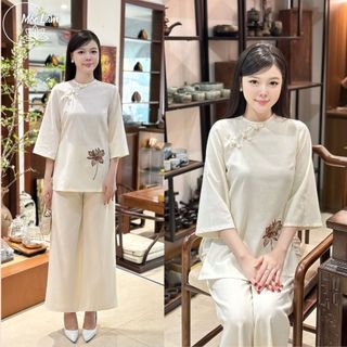 Pháp phục đi chùa, bộ đồ đi lễ chất liệu gấm liẽu linen thêu hoa sen tay lỡ cao cấp - Pháp Phục Mộc Lâm - PP36