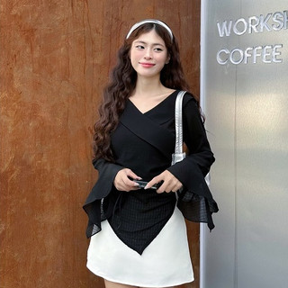 GAGO Áo Kiểu Thời Trang Nữ Tay Dài Loe Thân Chéo Kiểu Dáng Hàn Quốc GA4531 4591