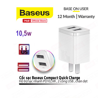 Củ sạc 2 cổng usb baseus compact sạc nhanh 2.1a/10.5w chân cắm eu