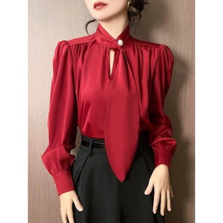  Áo sơ mi công sở nữ HINSTORE áo lụa kiểu công sở dáng suông nhún vai tay bồng cổ xẻ V vạt nơ 279 