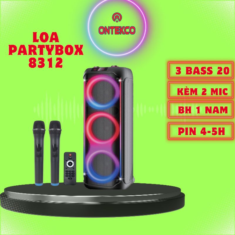 Loa kéo karaoke Partybox ONTEKCO 8312 , Bass 20 tặng kèm 2 micro UhF không dây chính hãng