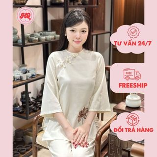 Pháp phục đi chùa, bộ đồ đi lễ chất liệu linen thêu hoa sen tay lỡ cao cấp - Xưởng may pháp phục HQ - PP36