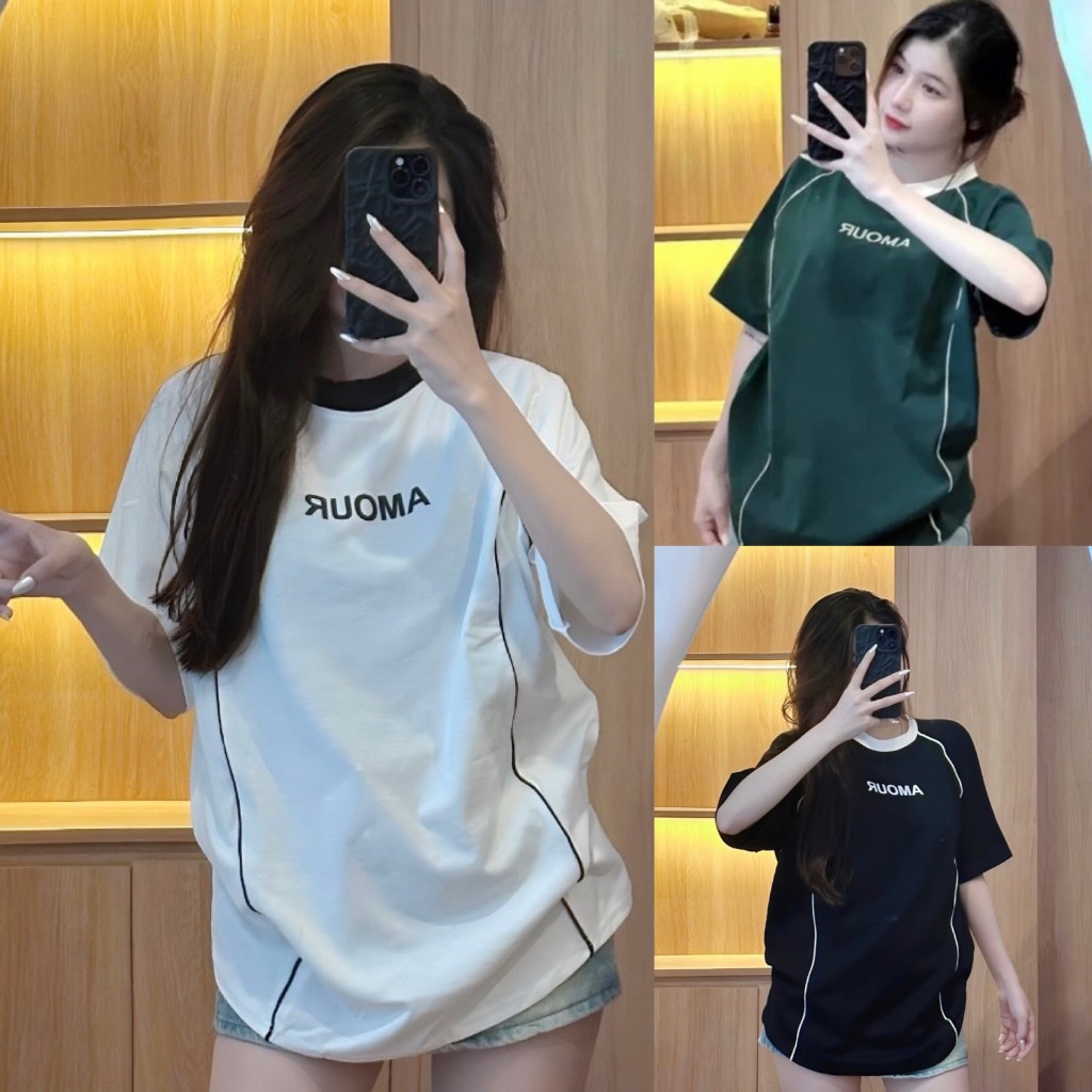 Áo thun unisex nữ tay lỡ form rộng chữ thêu AMOUDQUANAOPHUKIEN - Áo phông freesize unisex form rộng chất cotton cháy phố
