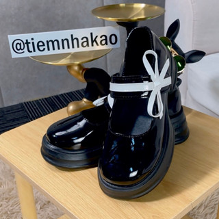 Giày lolita đế cao, giày búp bê lolita mũi tròn da bóng màu đen có nơ - Tiệm nhà KAO