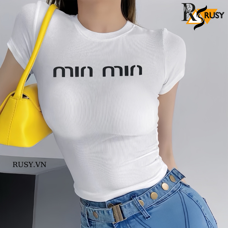 Áo Thun Form Ôm Body Cổ Vuông Tròn Tay Ngắn In Hình, Áo Babytee Ôm Kiểu Sexy Basic Dễ Phối RUSY