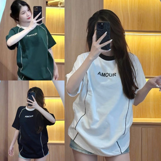 Áo thun AMOUR thêu chữ phối viền chất cotton mềm cotton mát form rộng tay lỡ unisex basic phong cách hàn quốc TONGKHOSI
