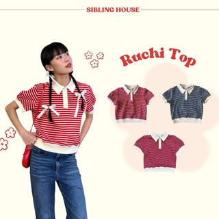 [Hoả tốc HCM] Mẫu mới 2024 Áo len dệt kim cổ áo dạng polo tay ngắn vải hoạ tiết sọc phối tay Ruchi Top - Sibling House
