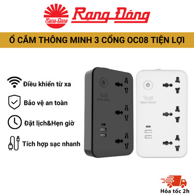 Ổ cắm 3 cổng Rạng Đông thông minh kết nối Wifi điều khiển từ xa dài 2m OC08 tích hợp sạc nhanh 20W cổng USB/TypeC