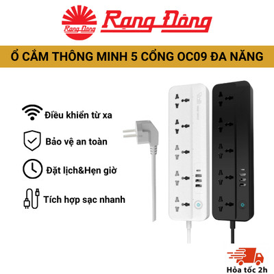 Ổ cắm Rạng Đông 5 cổng thông minh kết nối Wifi OC09 điều khiển từ xa qua App tích hợp cổng USB/TypeC sạc nhanh 20W