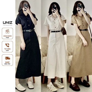 ( Ảnh thật ) Set áo sơmi + chân váy kaki thô mềm dáng dài (tặng kèm đai) UNIZ - Setkemdai036/P8K7