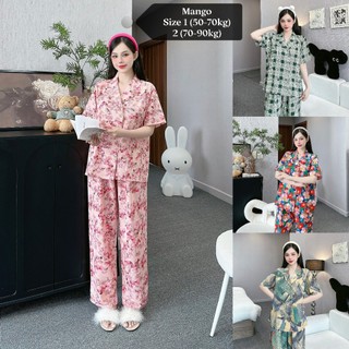 [New] Đồ bộ pyjama nữ mặc nhà tay NGẮN cổ VEST quần dài lụa Mango Size 1(50-70kg), Size 2(70-90kg)
