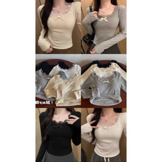 / SẴN / Áo brandy coquette thun nữ tay dài phối cổ ren, có sẵn mút ngực