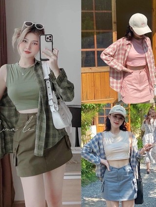  Set 3 món fashion nữ set áo ba lỗ phối chân váy chữ a kèm khoác sơ mi caro tay dài 4 màu cực xinh nắng động cá tính 