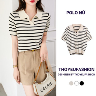 Áo Dệt Kim Thun Ngắn Tay Dáng Rộng Kẻ Ngang Kiểu Hàn Quốc Thời Trang Mùa Hè Cho Nữ, Áo Polo Chất Len 5969