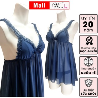 Đầm ngủ sexy WANNABE DNC07 váy ngủ lưới trong suốt xuyên thấu dây vai dập bèo nữ tính gợi cảm