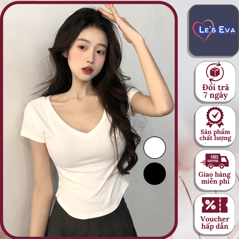 Áo croptop cổ V thun trơn tay ngắn dáng ôm body sang trọng ngọt ngào phong cách Hàn Quốc 618