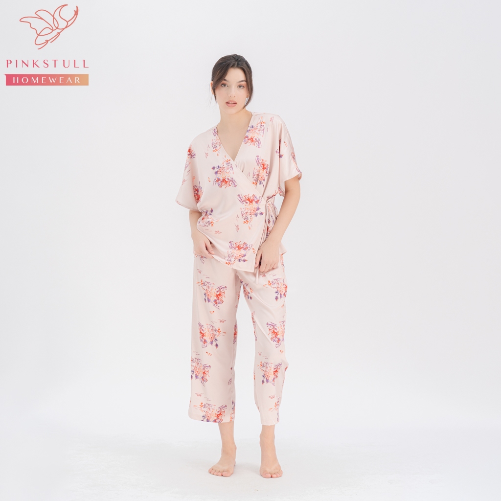 Bộ đồ ngủ Kimono tay lỡ quần dài Pinkstull họa tiết hoa cam