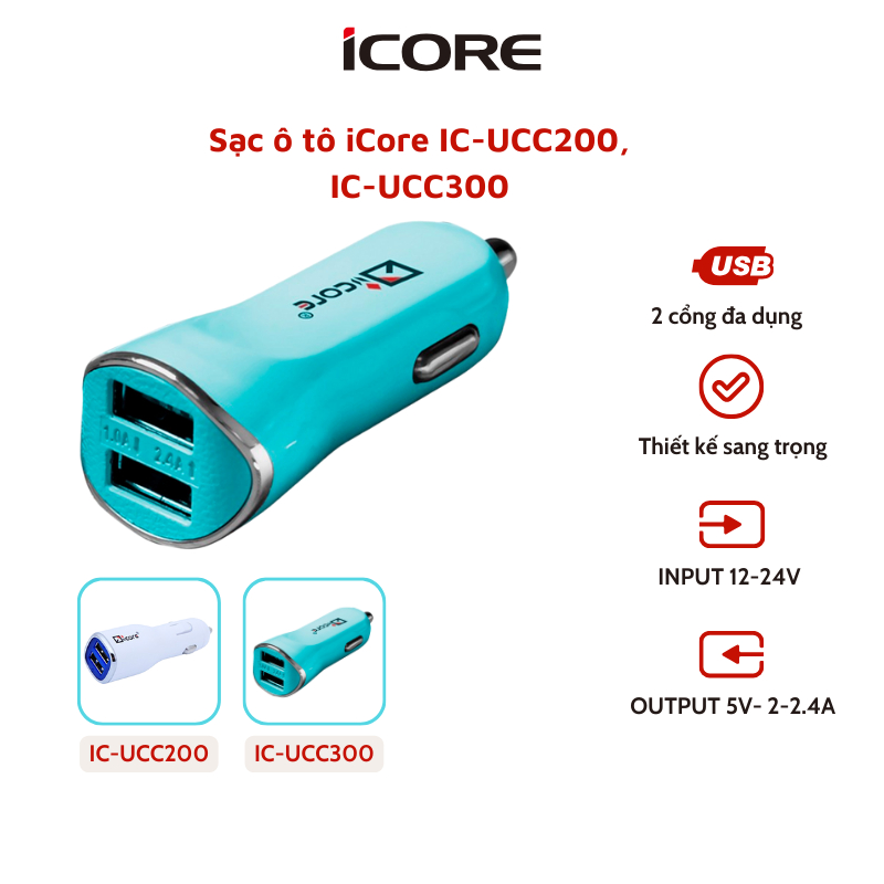 Tẩu sạc trên xe ô tô iCore - HÀNG CHÍNH HÃNG