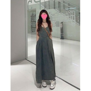 (Order) Đầm jeans jumpsuit hai dây lưng chun có túi dáng dài maxi vintage Quảng Châu