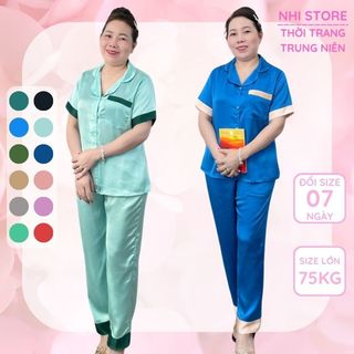Đồ Bộ Trung Niên NHISTORE Pijama Lụa Satin Quần Dài Ống Suông Tay Ngắn Phối Màu Big Size 45-85Kg, Quà Tặng Mẹ Bà