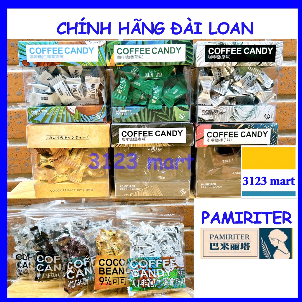 (hsd 10/2024) Chính hãng, Kẹo cafe Coffee Candy Đài Loan PAMIRITER, hộp 70g, gói 70g, combo 20 viên... Giá khuyến mãi.